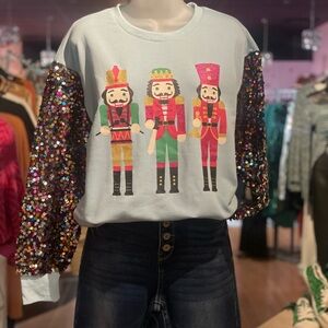 Grace Women's Festive Nutcracker Sweater with Sequin Sleeves